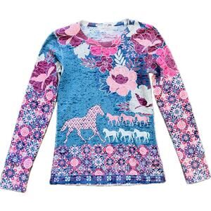 Whimsy Rose Horses Shirt Top Blouse Stretchy S Sundance Catalog Waffle Thermal